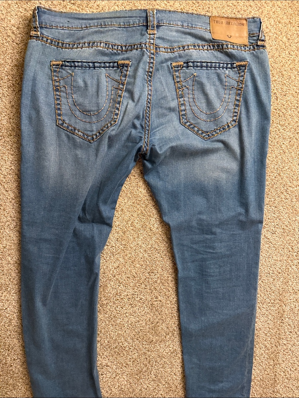 True Religion Mens Medium Blue Skinny Jeans with Signature Back Pockets